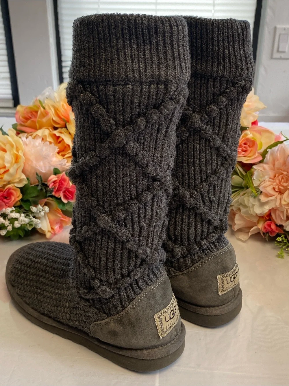 UGG Classic Argyle Knit Tall Sweater Boots Charcoal Gray Sheepskin Women’s 6